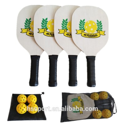 outdoor indoor pickleball paddle set 4 paddle 4ball with net bag 4 player bat set UV printing wooden picklebal racket set